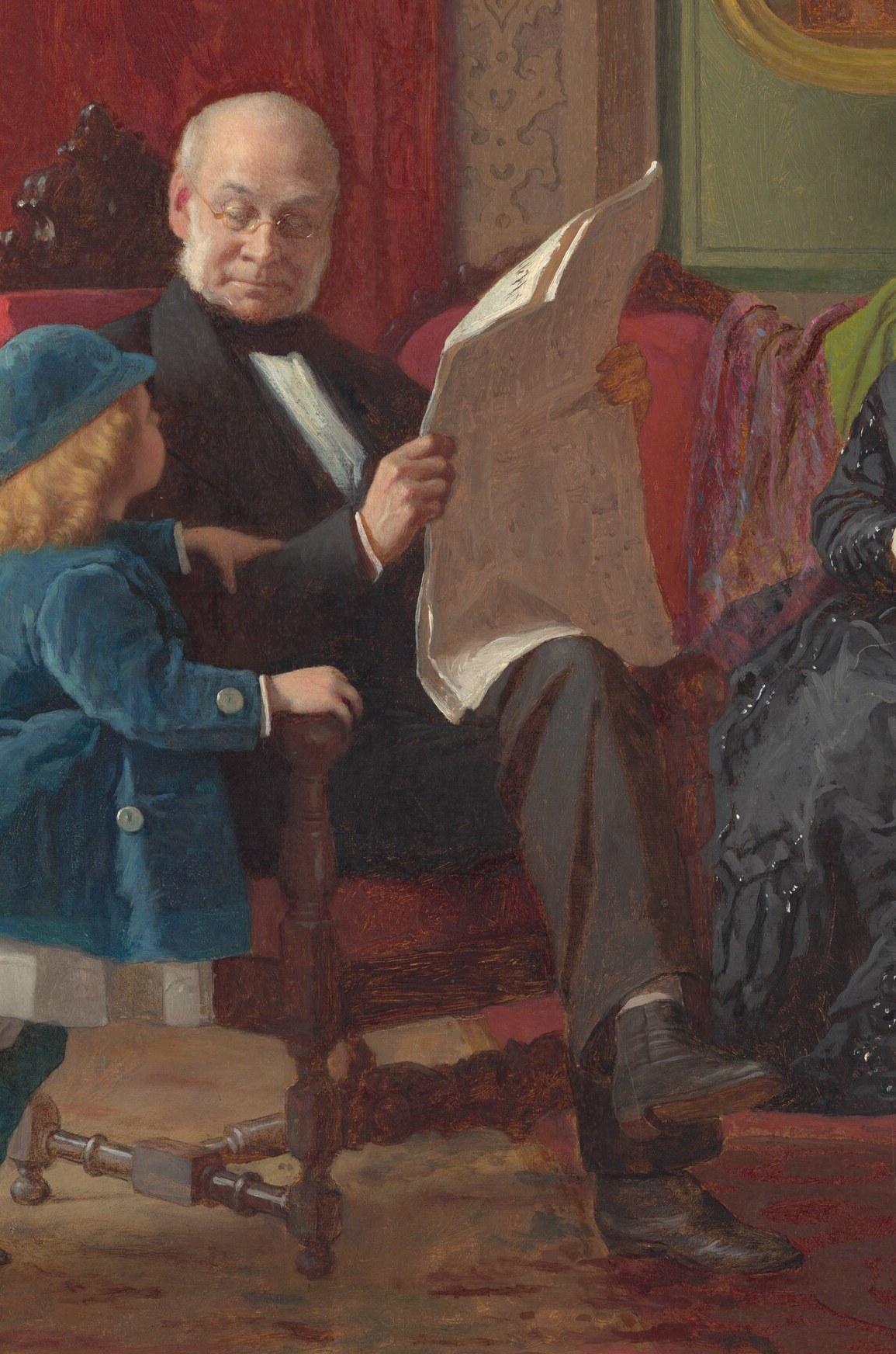 The man reads a newspaper, engaged with the wider world.