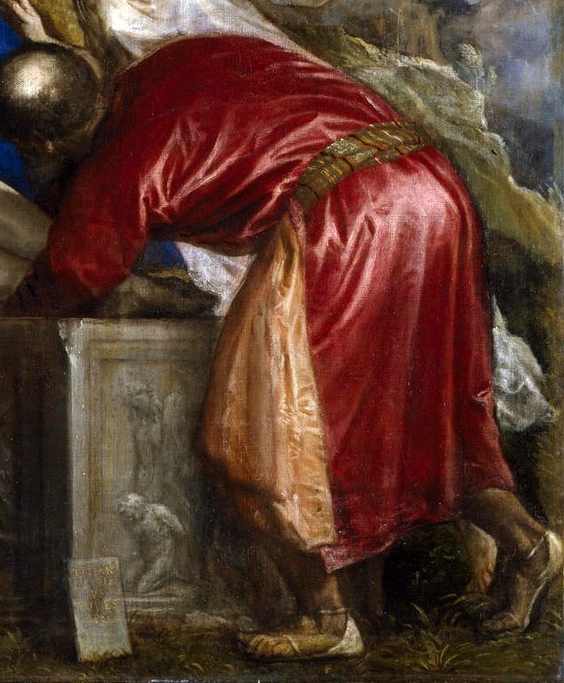 His dramatic red robe and bent posture suggest the physical effort and solemnity of lowering Christ into the tomb.