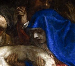 The Virgin Mary's blue mantle symbolizes sorrow and divinity.