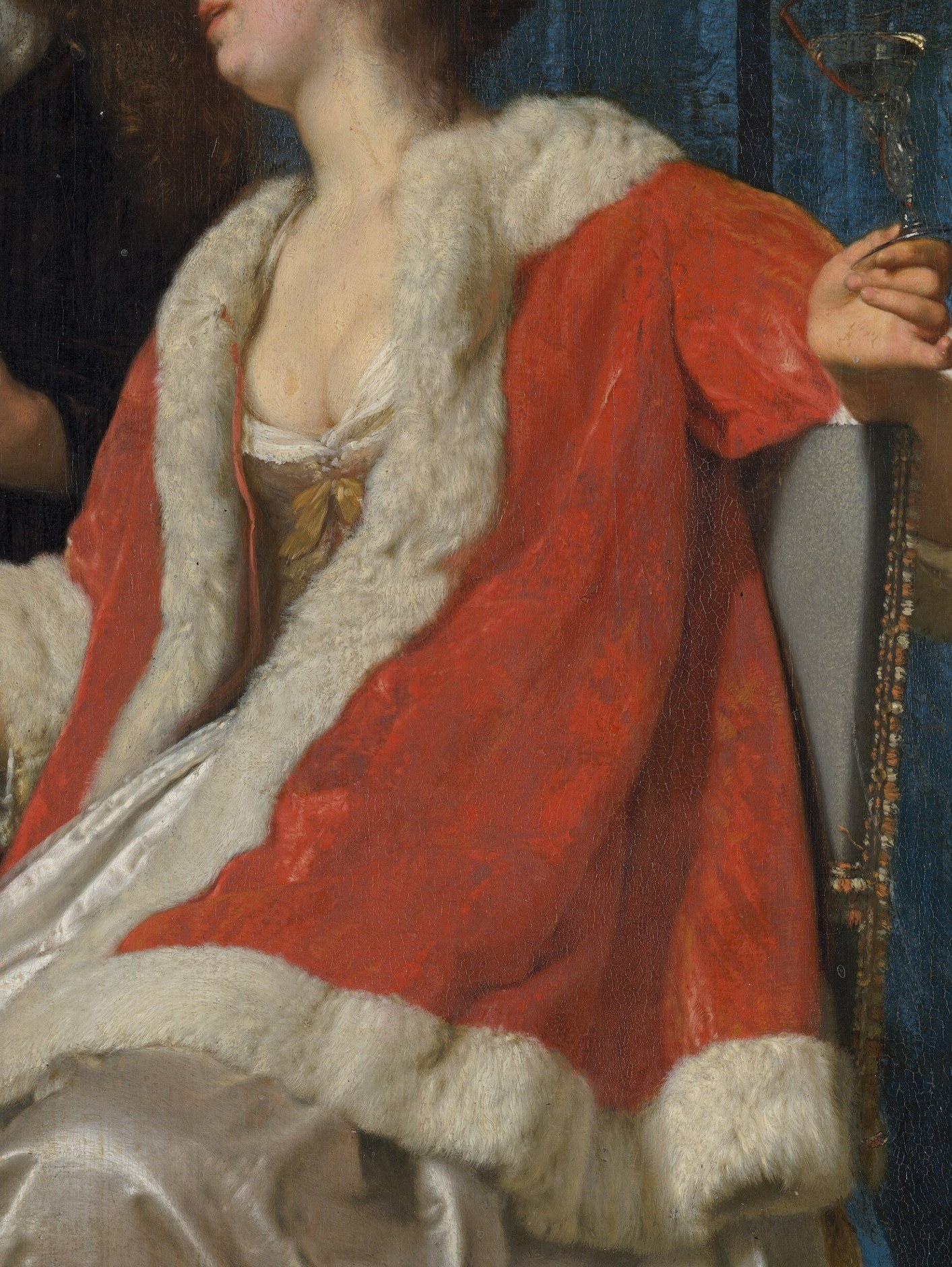 This woman enjoys them in a lavish red dress.