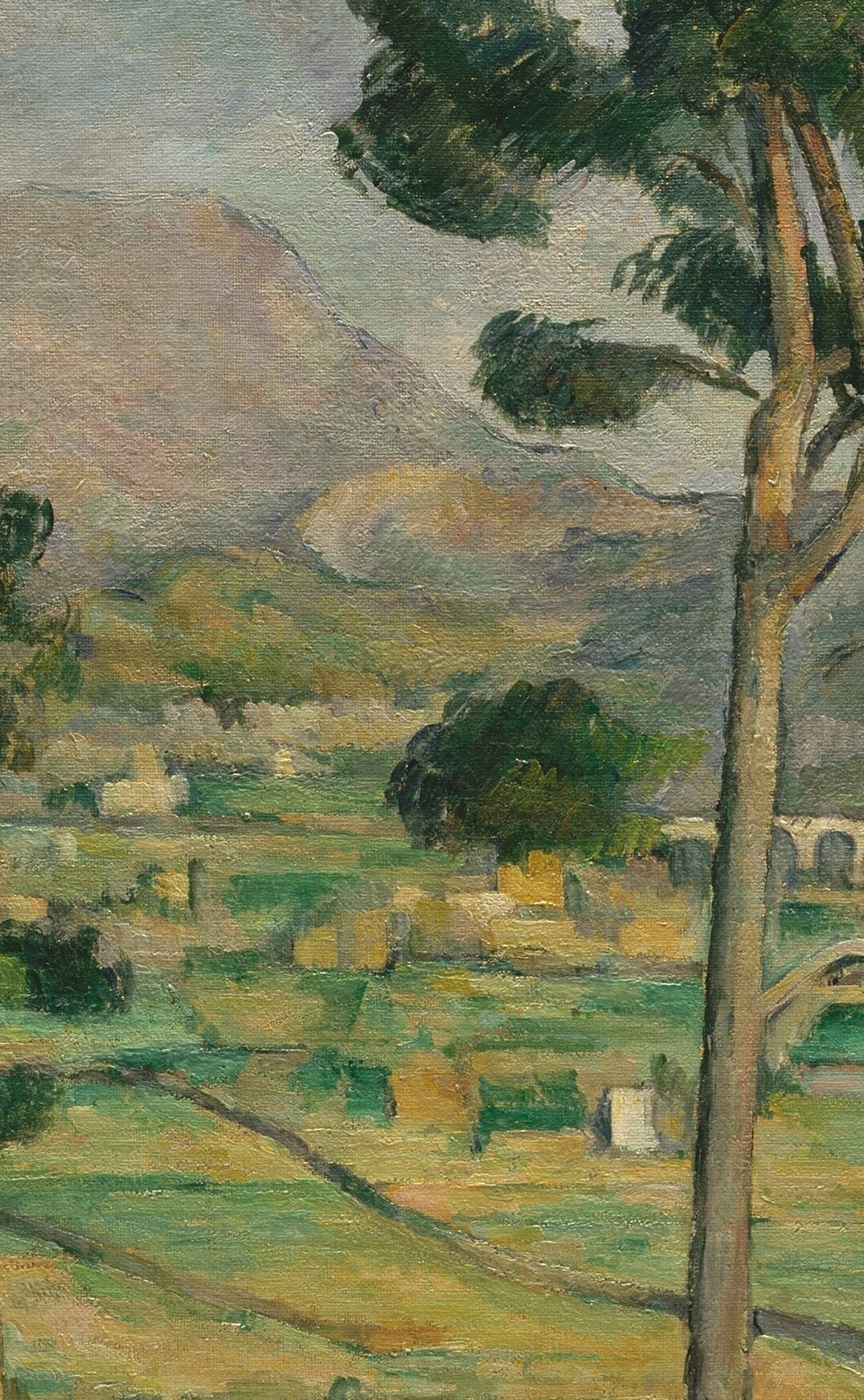 Its diagonal lean cuts across the picture plane, pulling the eye toward the valley, and its rough bark texture contrasts with the smoothly brushed distance.