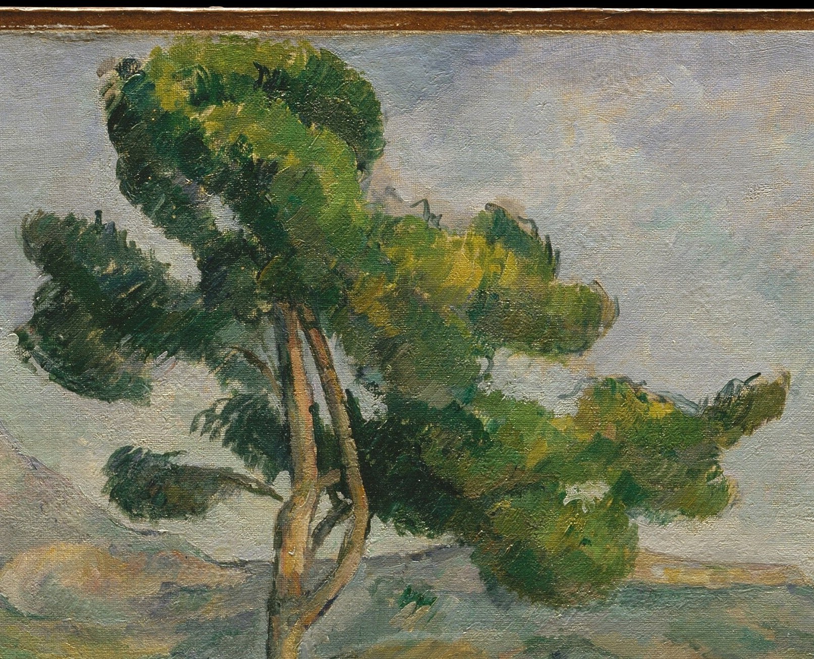 The iconic summit dominates the upper center, its pale blue-grey silhouette dissolving into the sky , Cézanne's lifelong subject, shown here with atmospheric haze that flattens form into pure geometry.