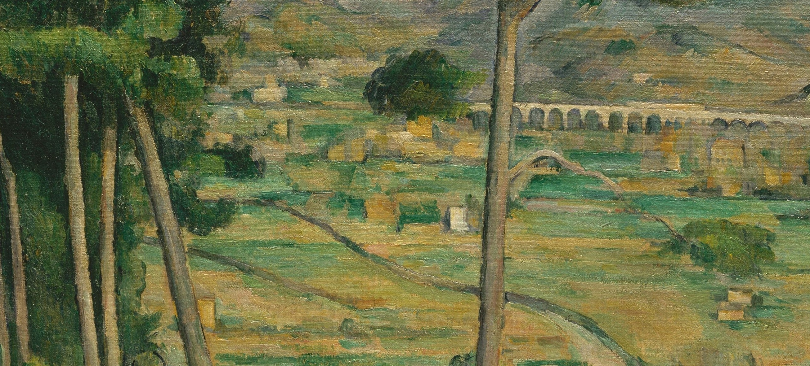 Cézanne's signature brushwork turns agriculture into an abstract mosaic of greens and ochres , each patch a distinct planar stroke, anticipating Cubism's faceted surfaces.