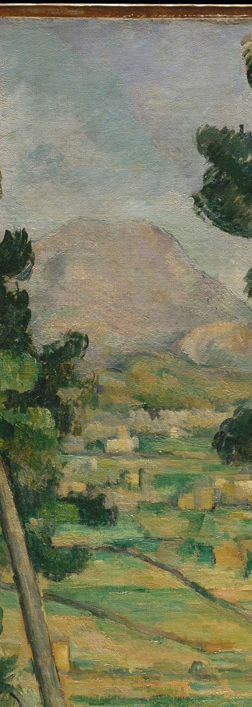 The tree's vertical thrust frames the composition like a repoussoir device, and its feathery crown echoes the mountain's triangular peak , a deliberate structural rhyme.
