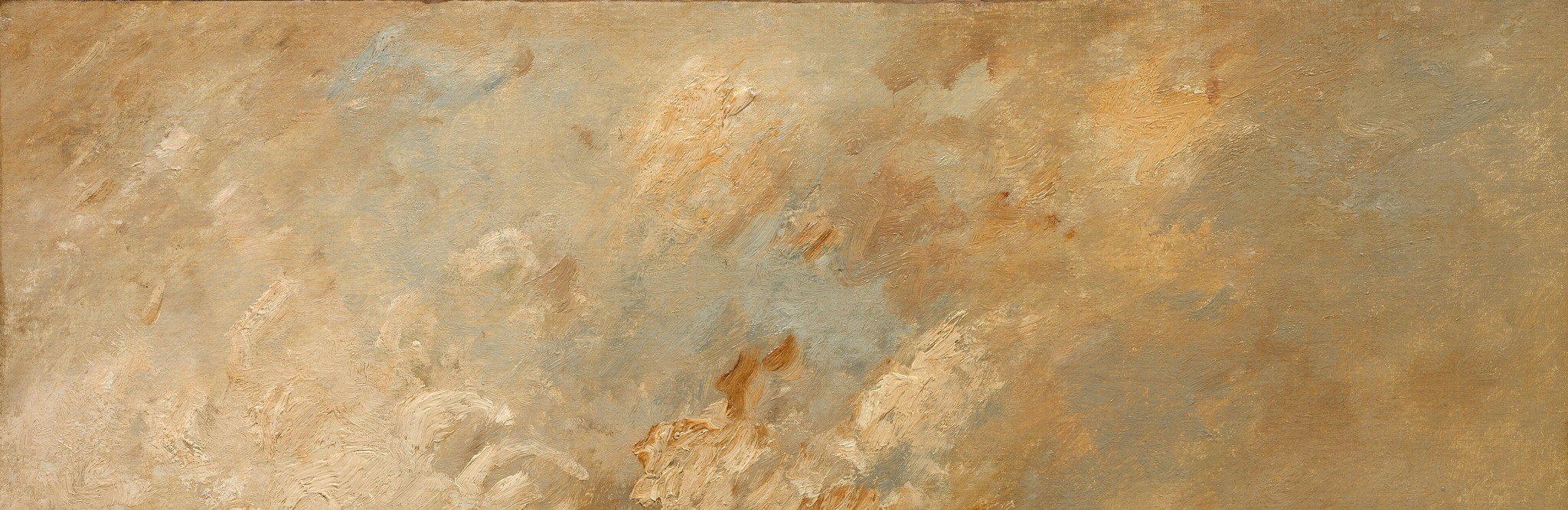 The dynamic brushstrokes and interplay of light and shadow in the sky create a sense of movement and atmosphere, suggesting an impending change in weather.