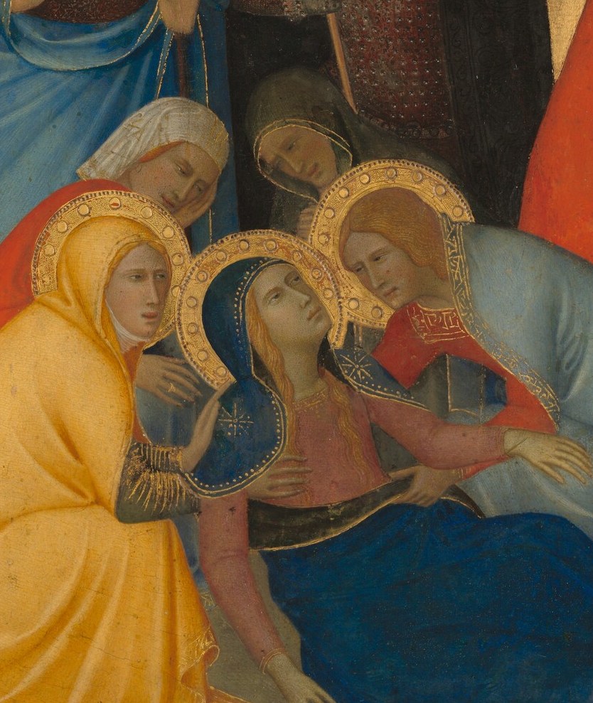 Mary kneels, embraced by John, expressing profound sorrow.