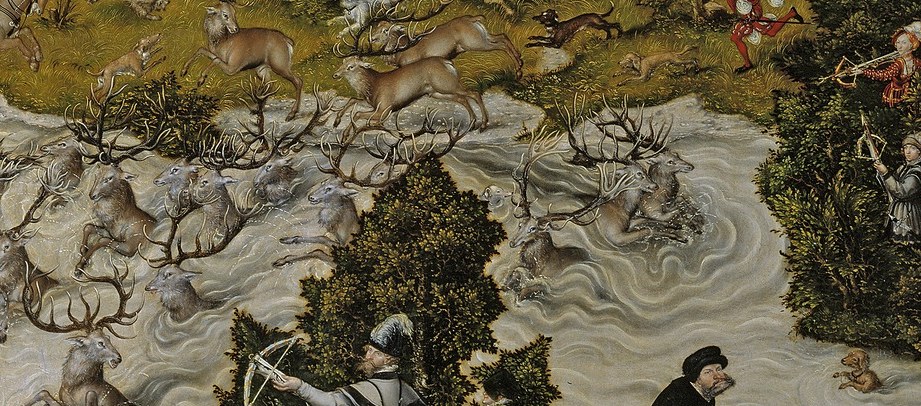 Hunters and dogs pursue a massive herd of deer.