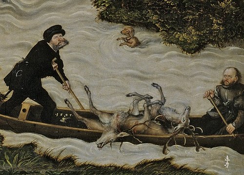 The detailed depiction of hunting attire and weaponry highlights the activity and the skill involved.