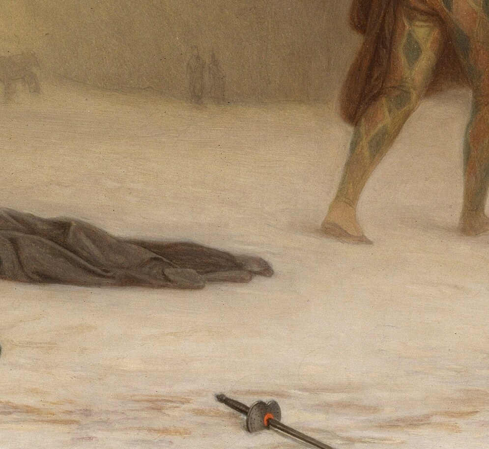Another, in Harlequin's diamonds, kneels beside him.