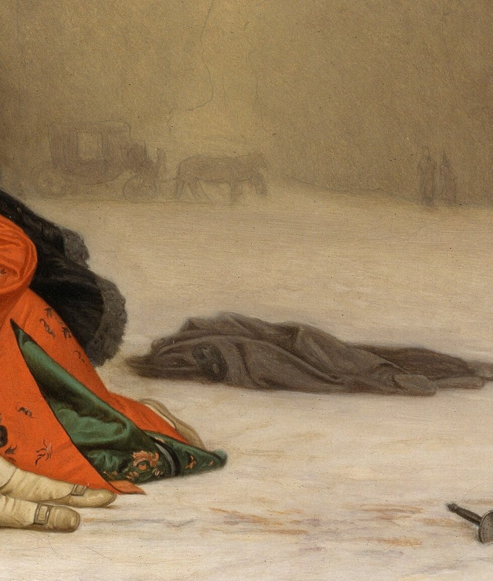 A figure in a Pierrot costume lies dying in the snow.