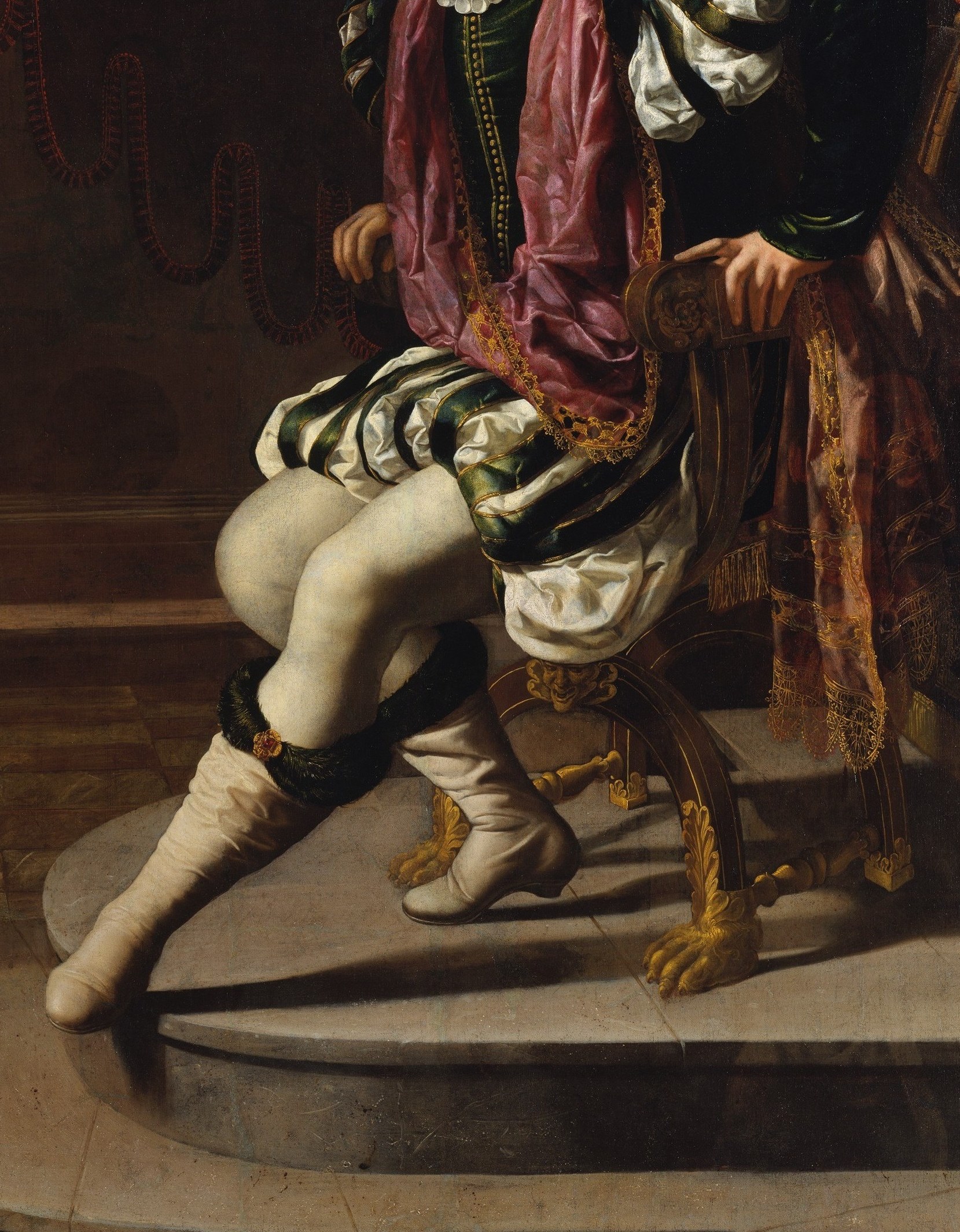 The ermine and deep crimson read unmistakably as sovereign power; the color opposition with Esther's gold reinforces the hierarchy being challenged.