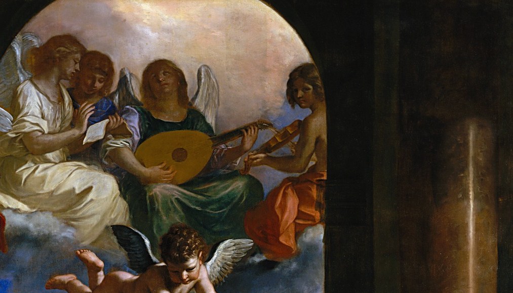 These background figures provide the sonic dimension of the vision, implied music justifies the painting's celebratory register; the loose, sketch-like handling in the upper zone is a hidden contrast to the tightly finished foreground.