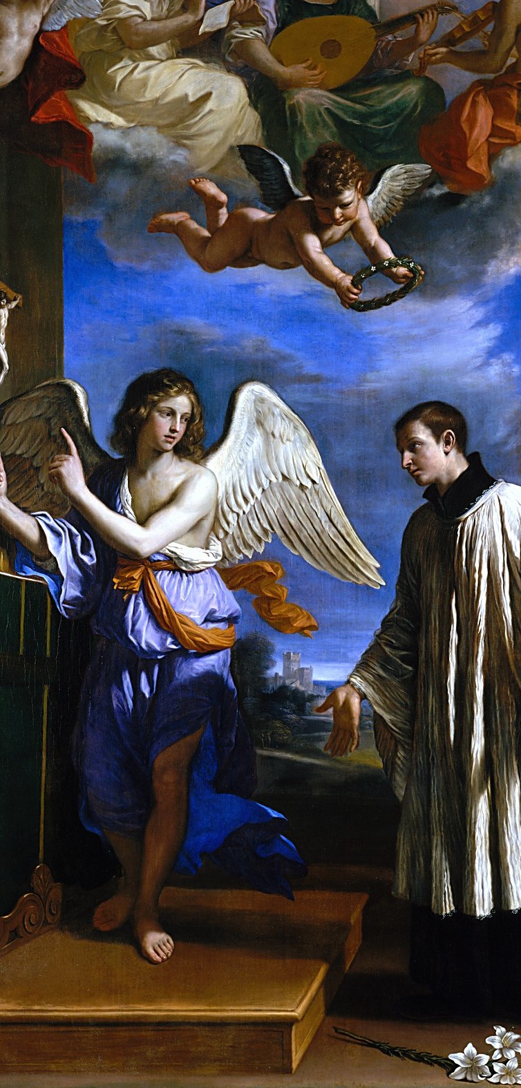 The angel mediates between heaven and earth; the color contrast of blue and orange was a Baroque formula for celestial royalty, and the figure's slight forward lean gives the scene its dramatic impetus.