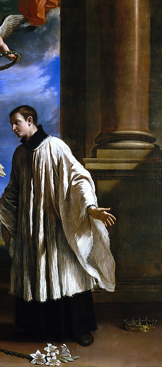 The radiant white habit against the dark background is the compositional anchor; his posture of humble reception contrasts with the angel's offering, making the moment of divine calling legible at a glance.