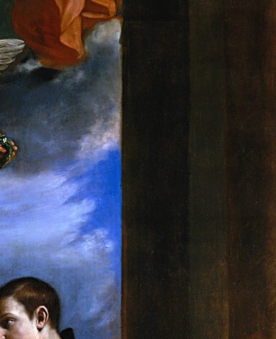 His downcast, serene gaze conveys submission and piety; Guercino's modelling of the young, idealized face typifies Counter-Reformation hagiographic portraiture, neither anguished nor ecstatic, just quietly certain.