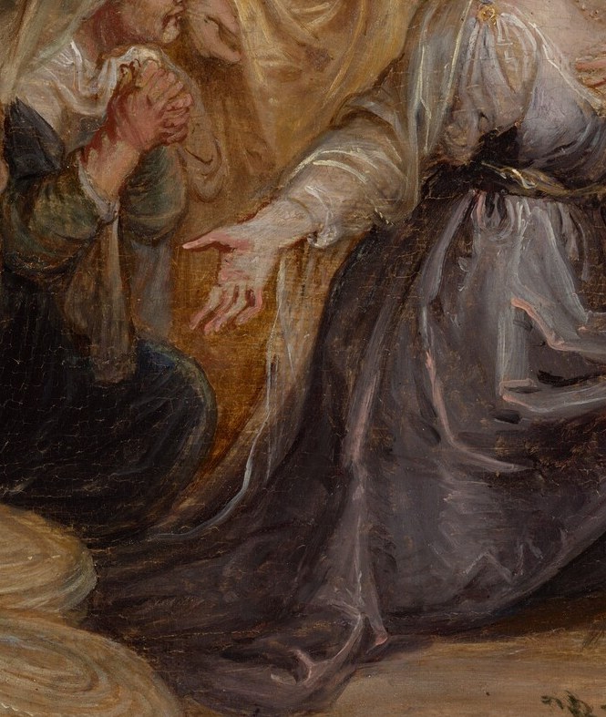 A child hides among the servants, waiting.