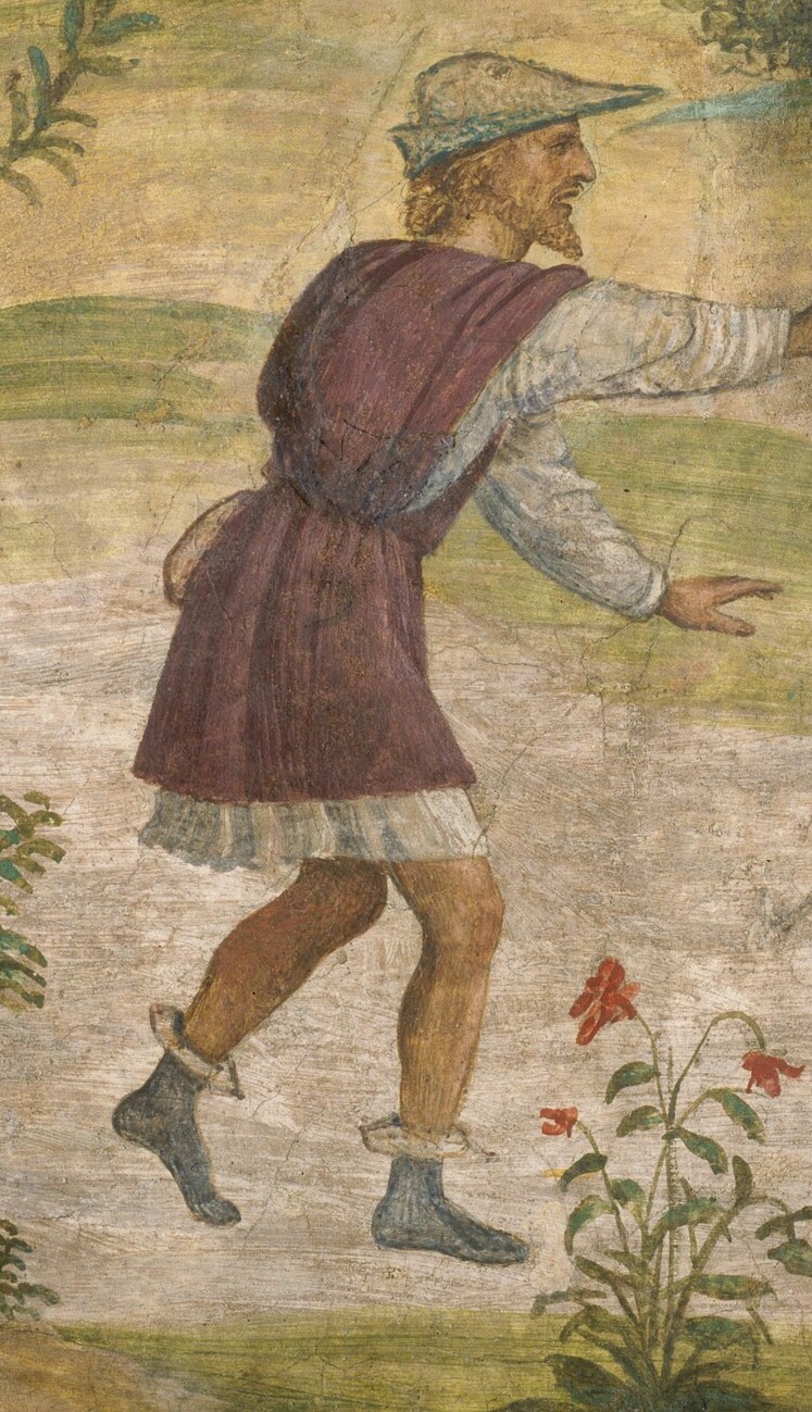 A man in red reaches out to a figure in yellow.