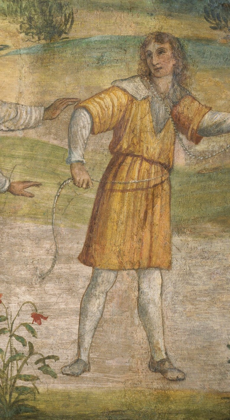 The leash implies control or restraint, adding a layer of narrative tension to the interaction.