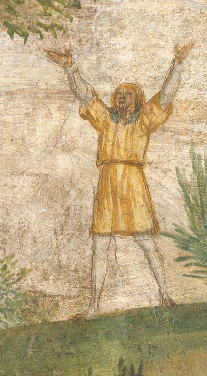His gesture of open arms and upturned face suggests a plea or lament, conveying strong emotion.