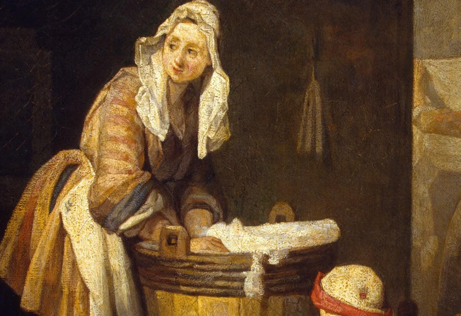 The central object of labor: foamy, wet cloth spills over the rim, recording the physical reality of 18th-century domestic work