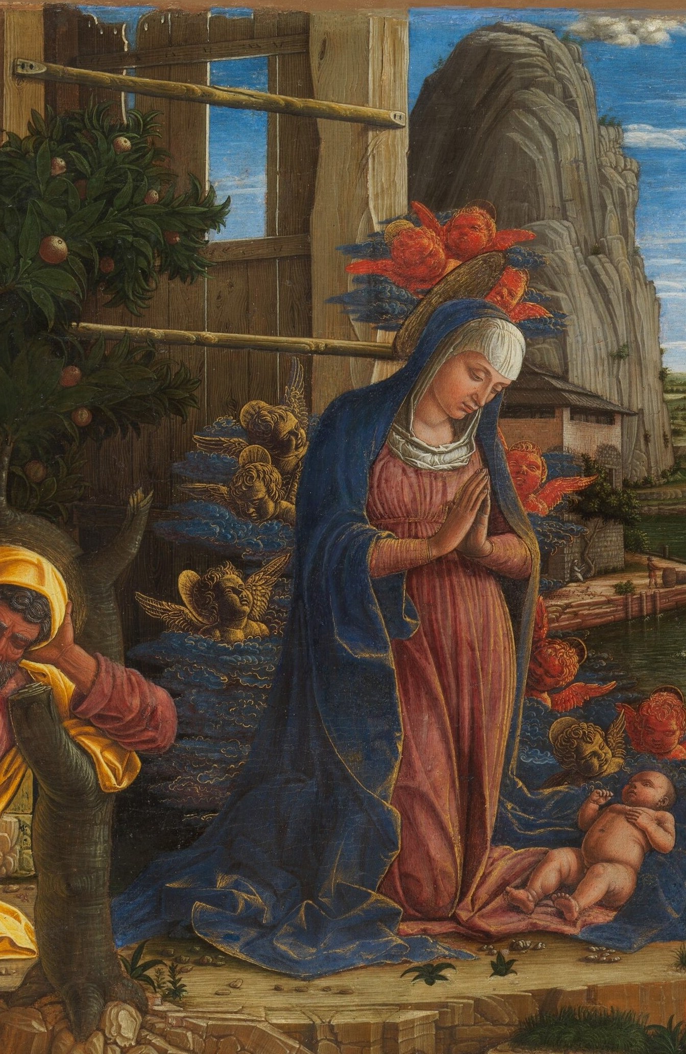 Central compositional anchor; the saturated blue mantle creates the dominant chromatic statement and identifies her iconographically against the warm-toned surrounding figures