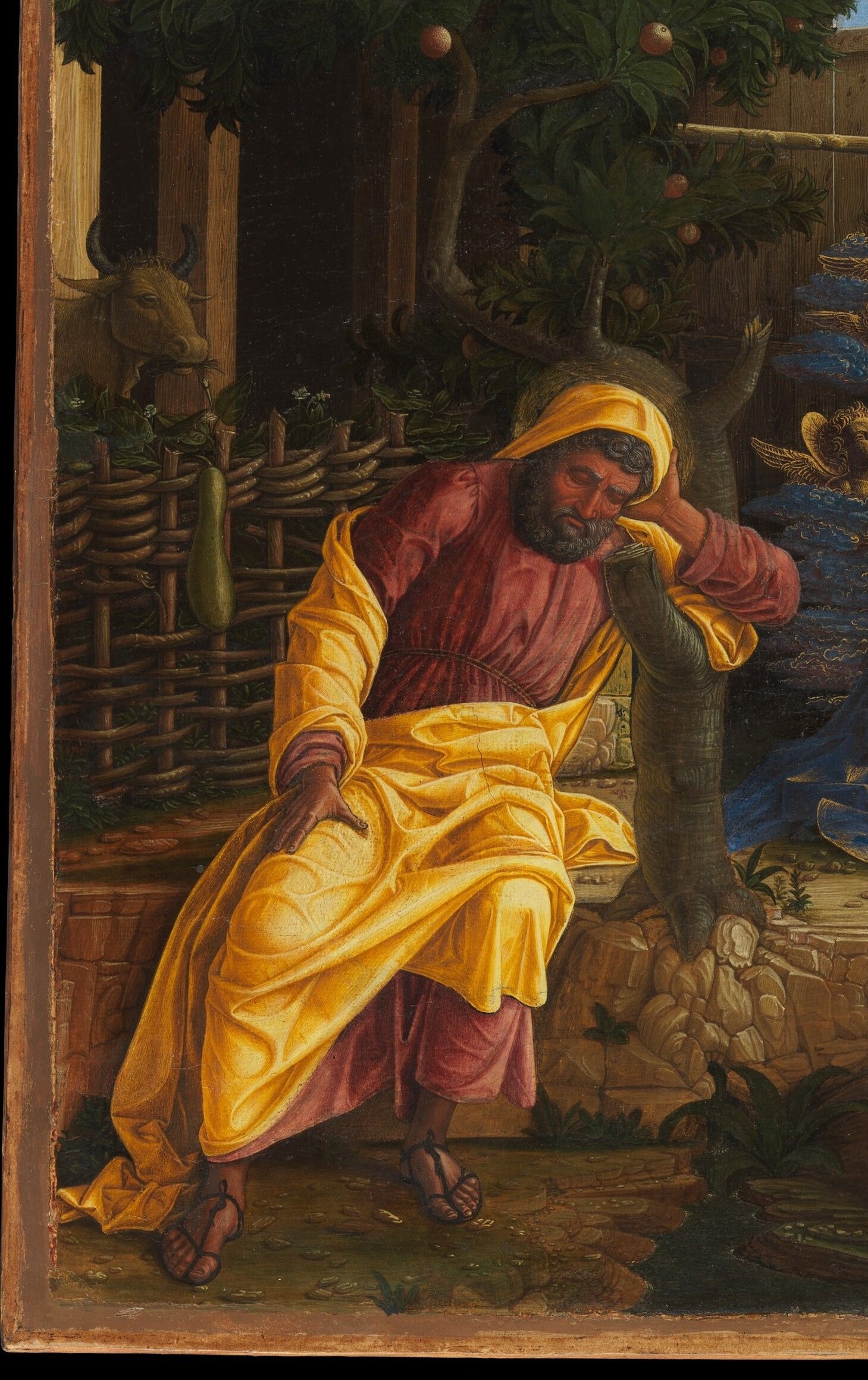 The blazing yellow dominates the left half of the canvas , an almost startling choice for a humble figure; his prostrate posture expresses the most complete surrender to the miracle