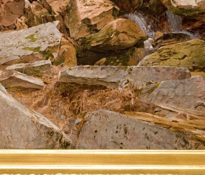 The water's bright, silvery breaks against dark rock crevices create the painting's pulse , close-up reveals how little paint carries the illusion of moving water.