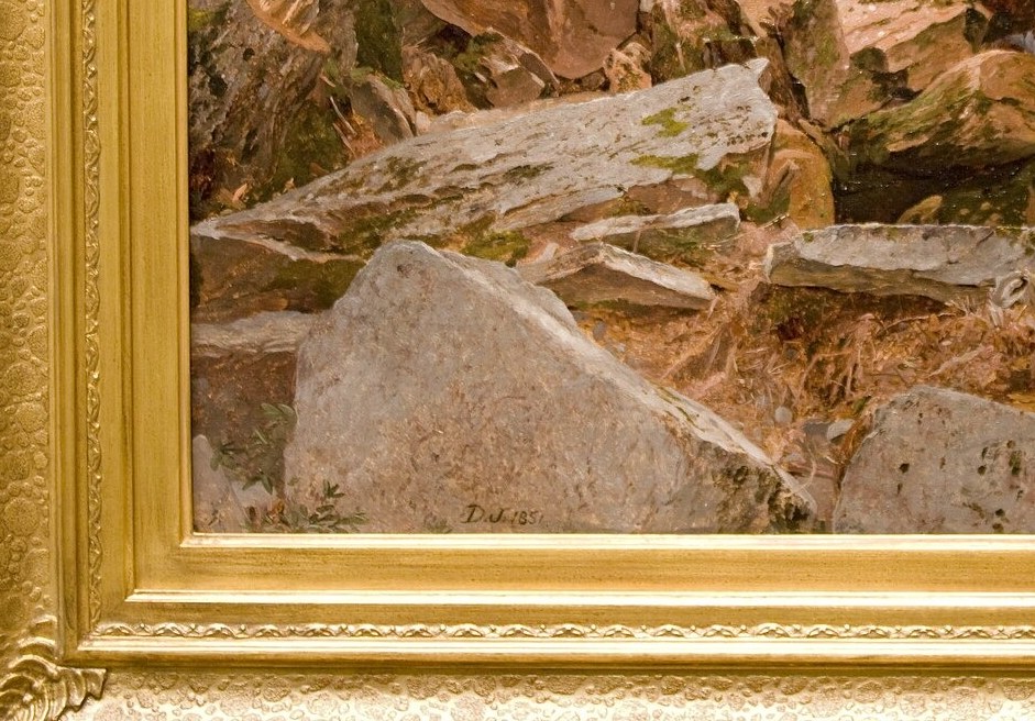 The painting's anchor: sculptural impasto paint makes the rock surface almost tactile, showing Johnson's meticulous Hudson River School attention to geological truth.