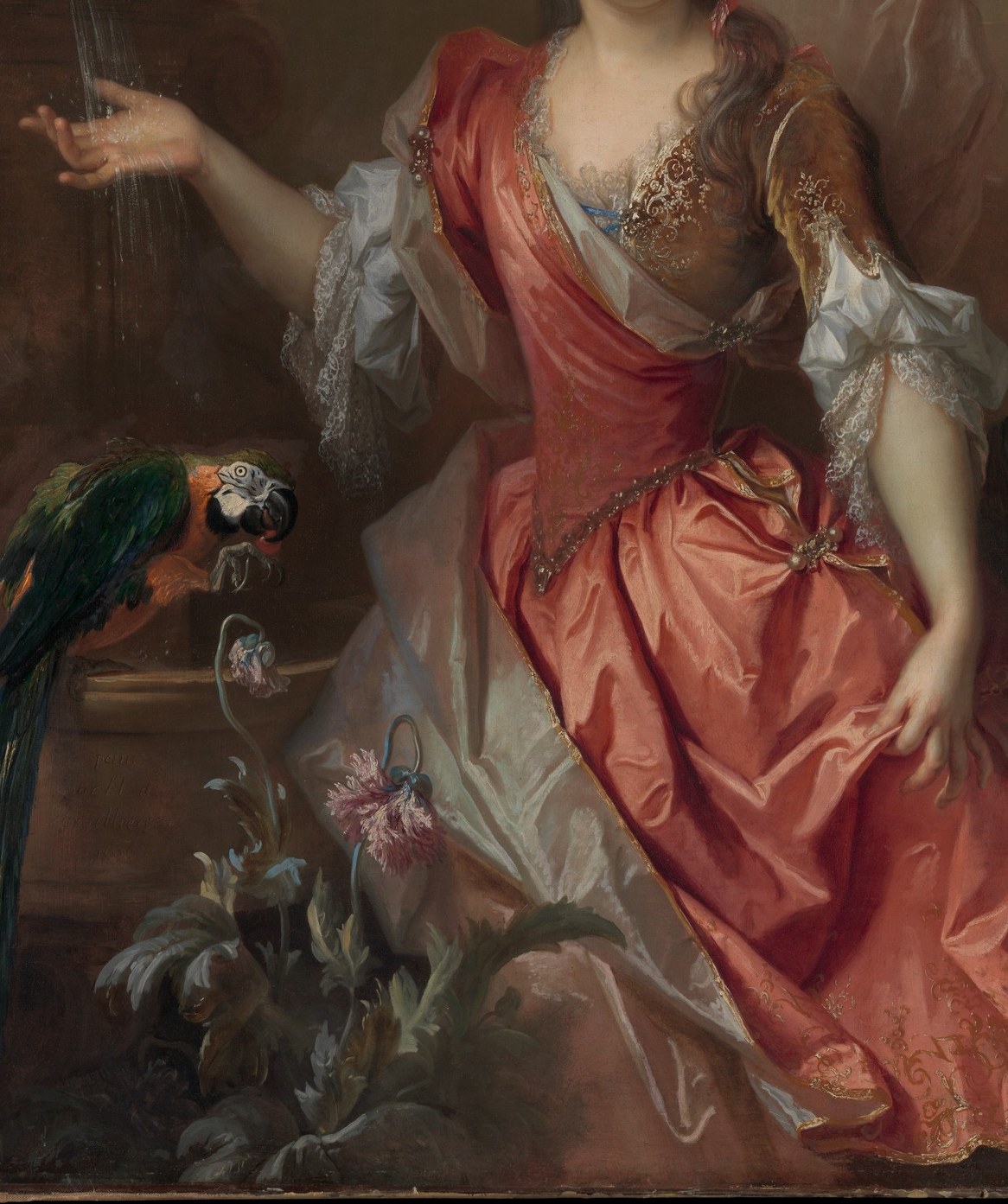 Largillière built his reputation on painted fabrics; the sheen of silk and individual gold-thread strokes are illusionistic showpieces best appreciated in tight close-up