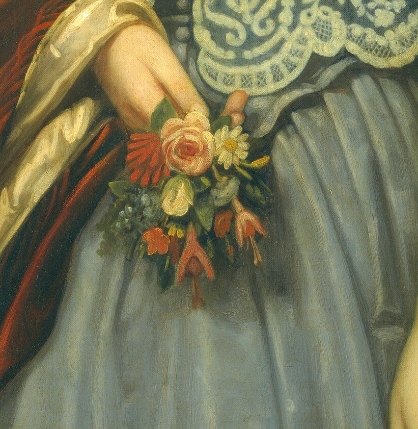 She holds a bouquet, a common symbol of virtue.