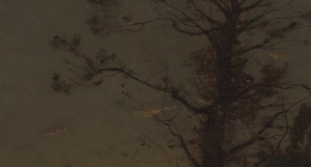 The principal subject and only light source; its soft, barely-defined edge shows Harpignies treating the moon as a glowing mass rather than a hard object, key to the painting's atmospheric claim.