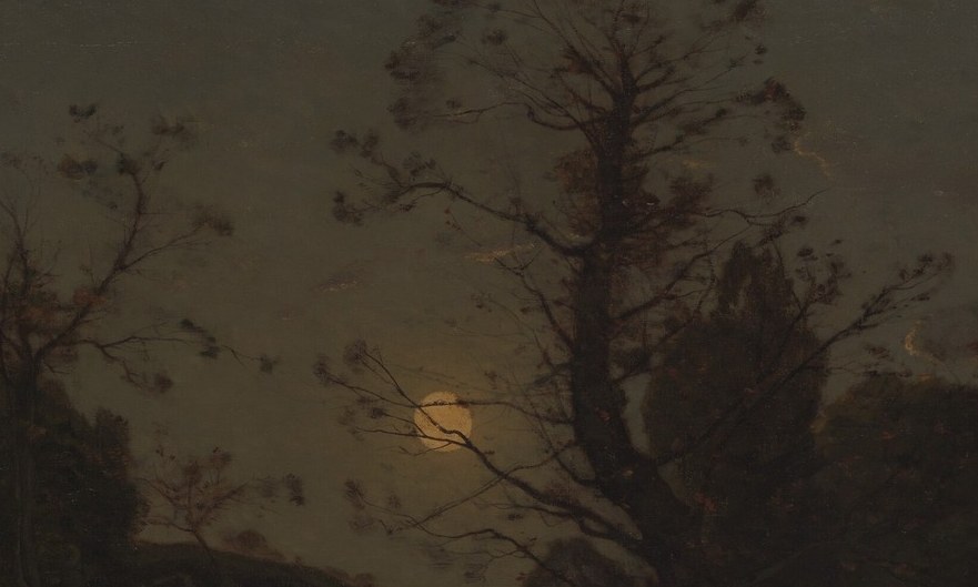 The moon rises into an open gap he carved from the trees.