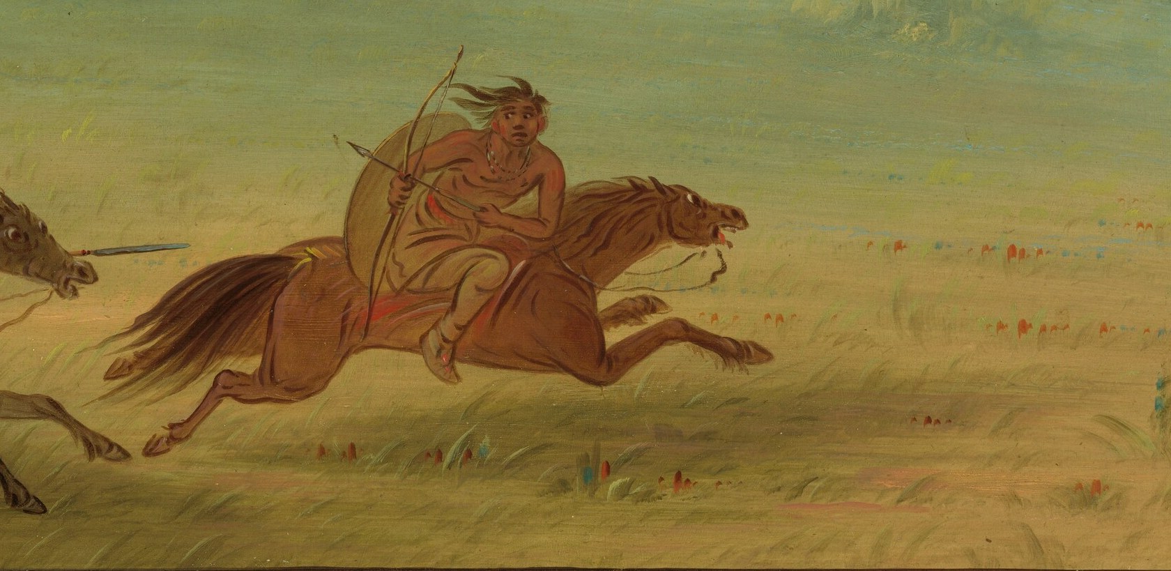 An Osage warrior pursues a Camanchee rider across the plains.