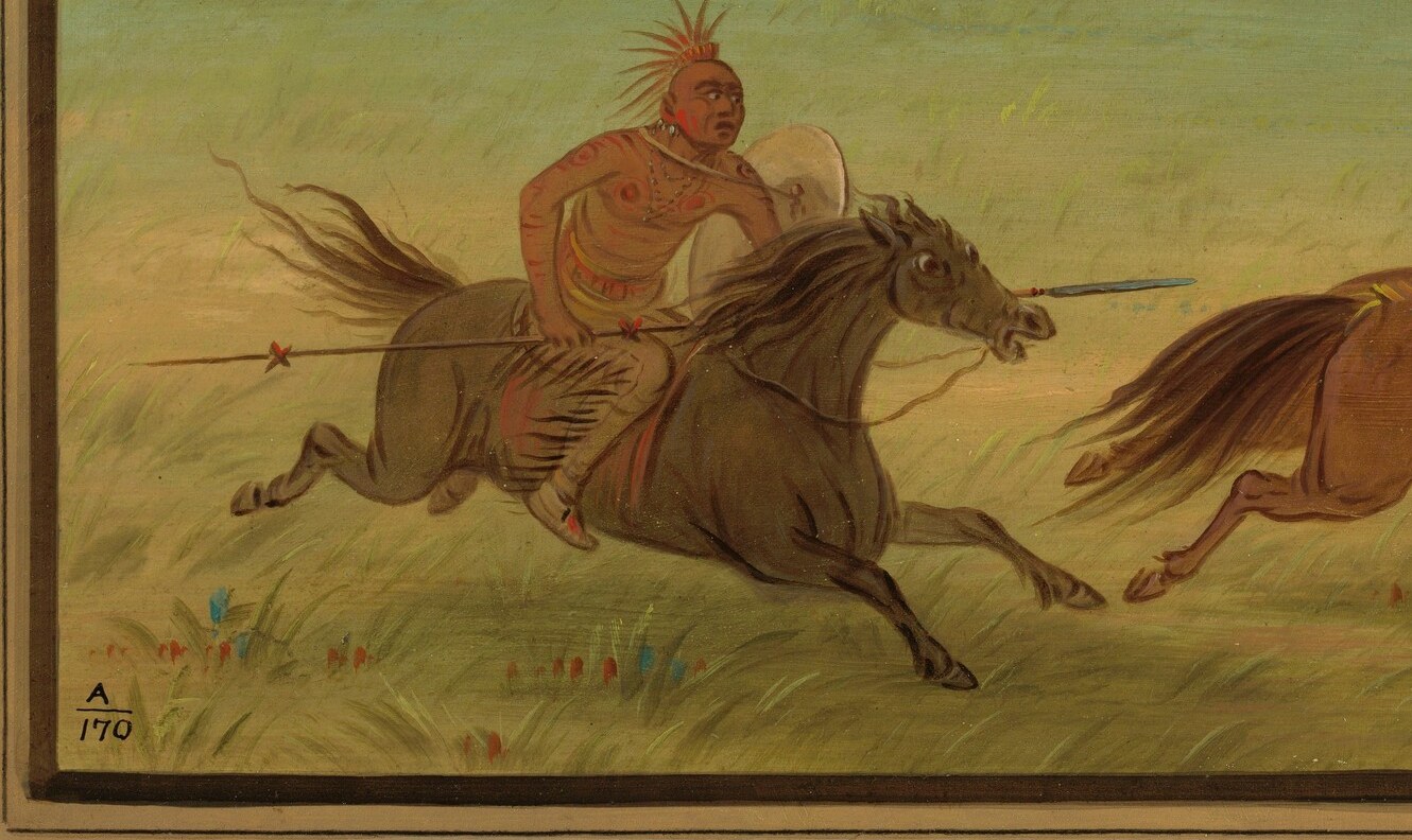 The horse's powerful stride and flared nostrils emphasize the speed and intensity of the chase.