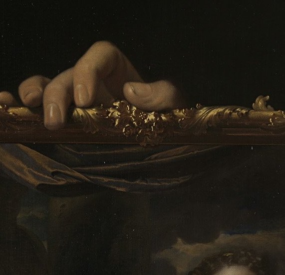 His left hand presents a detailed portrait of his family.