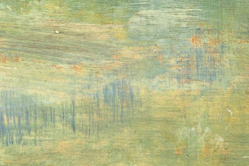 Vertical blue streaks add abstract texture.