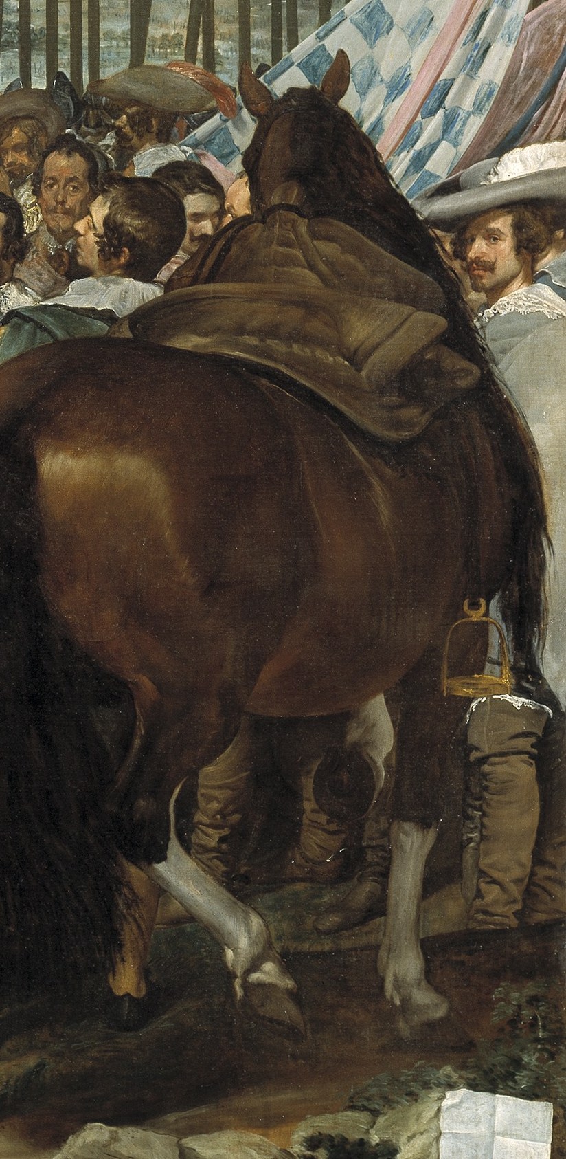 The horse's haunches fill the edge of the canvas, anchoring the Spanish side with physical mass and echoing equestrian power iconography without showing a rider.