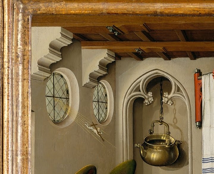 A tiny infant carrying a cross rides the rays into the room.