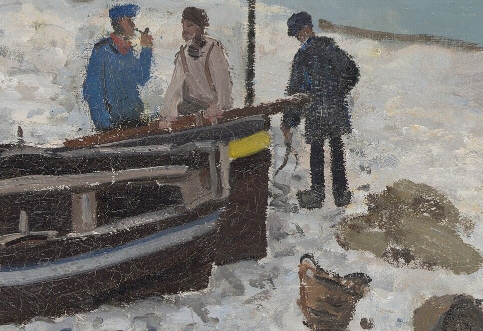 Notice the three fishermen, casually at rest.