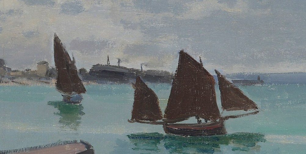These sailboats, with their dark sails, create a sense of movement and activity on the sea, suggesting trade or leisure.