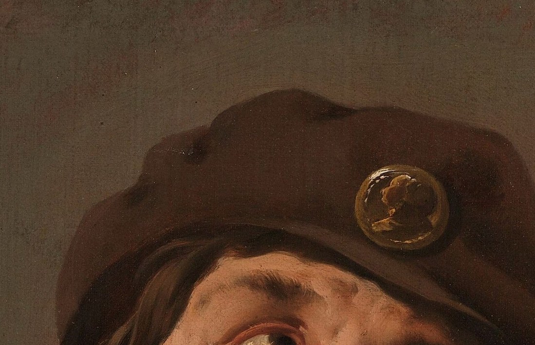 The tilted beret, adorned with a medal, adds a touch of worldly character to the philosopher.