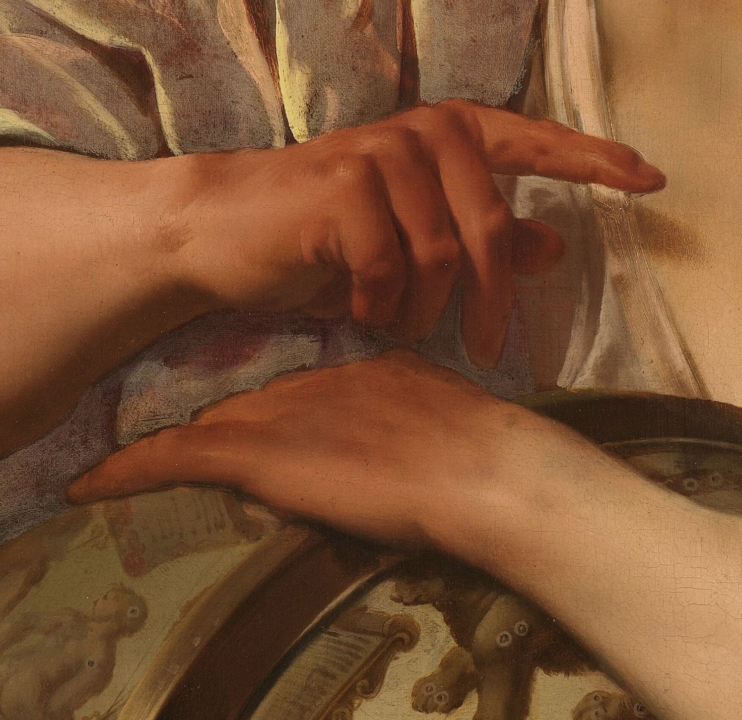 Democritus rests his hand on a globe, pointing at the cosmos.