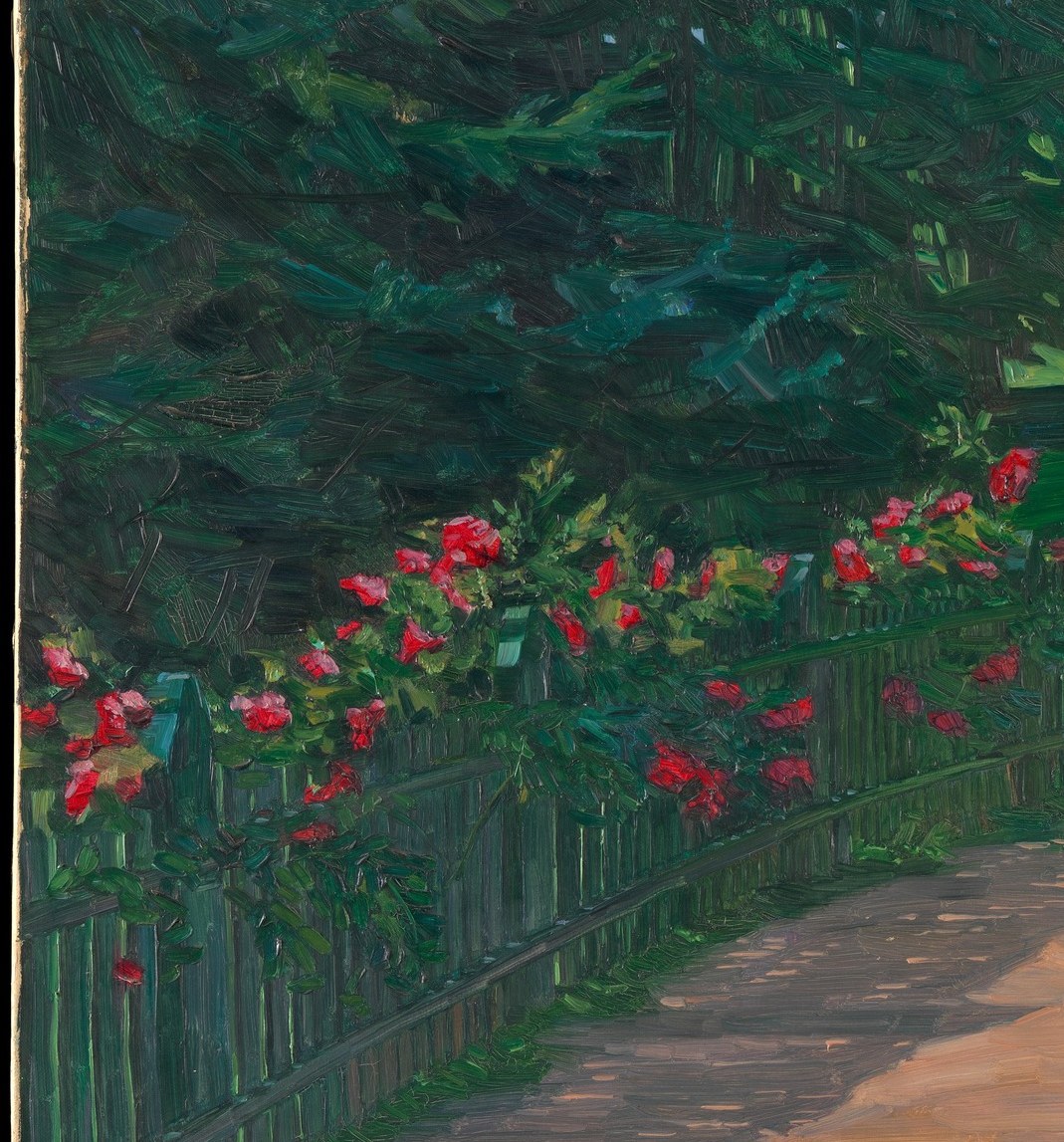 The fence serves as a structural spine of the composition, its strong diagonal line guiding the viewer from foreground into the middle distance