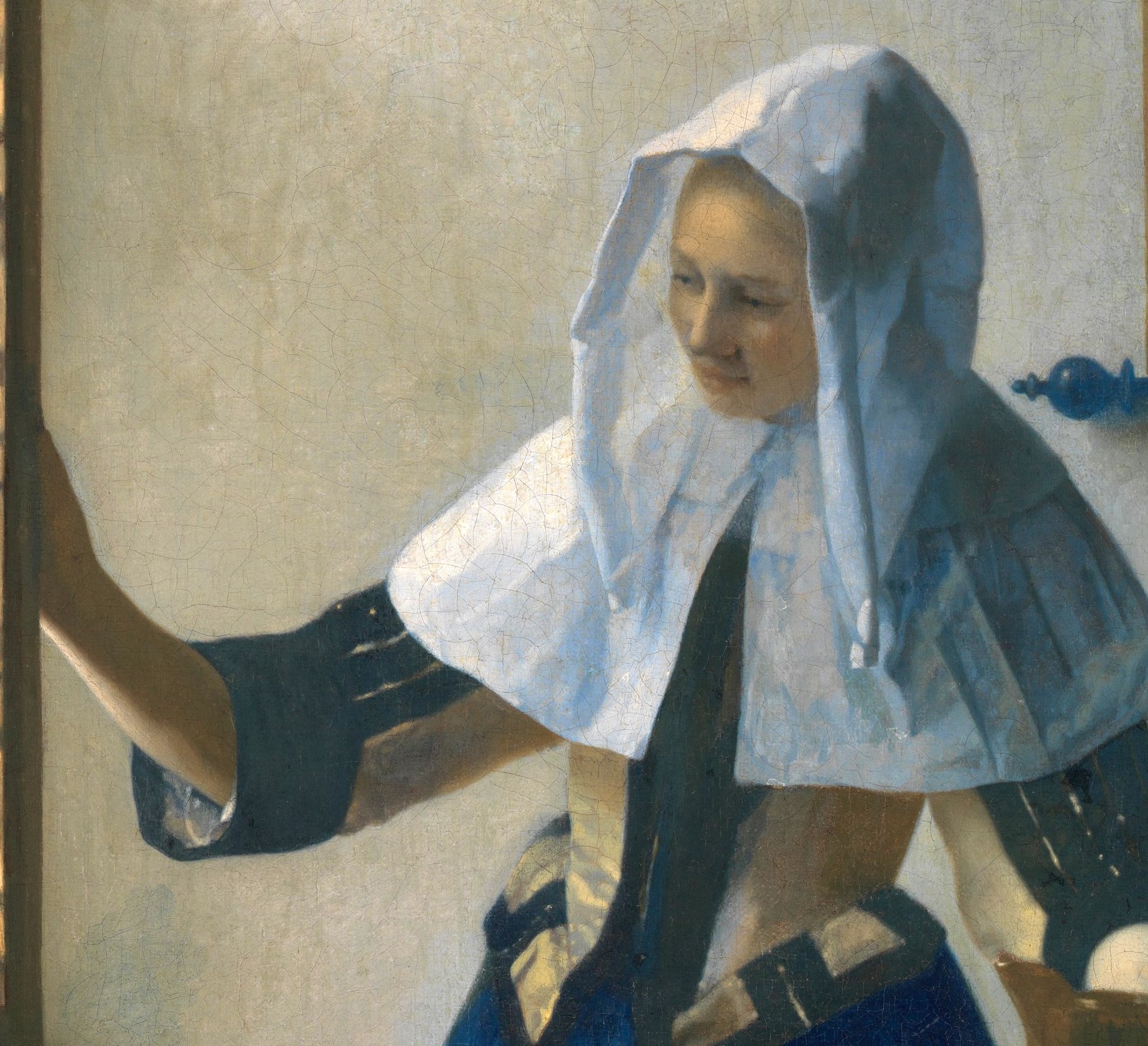 The ultramarine blue , expensive lapis lazuli pigment , signals the household's modest prosperity; Vermeer returns to this blue across many interiors as a personal signature.