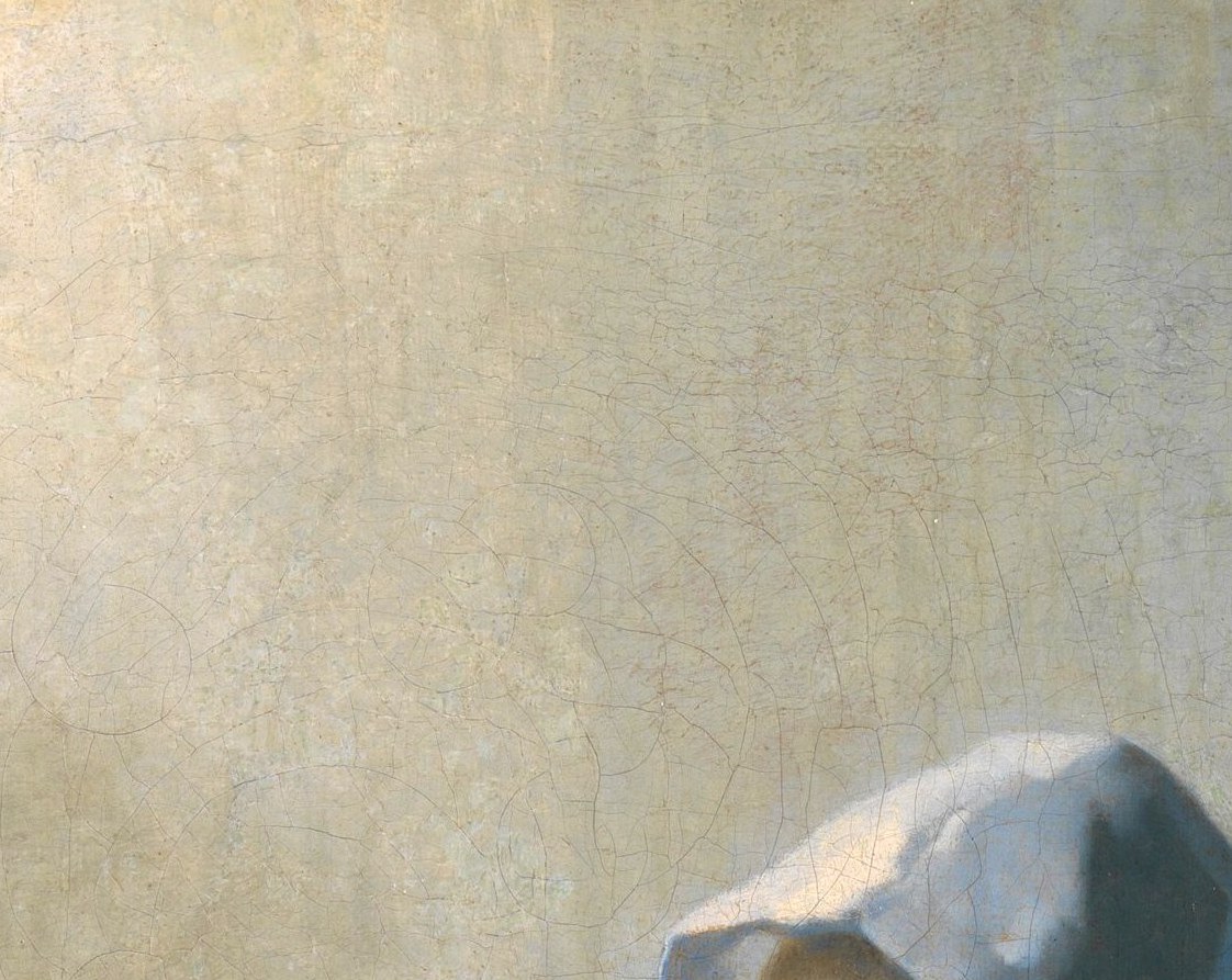 Her averted gaze and serene expression embody Vermeer's hallmark introspection , the viewer cannot tell if she is lost in thought or simply attending to the task.