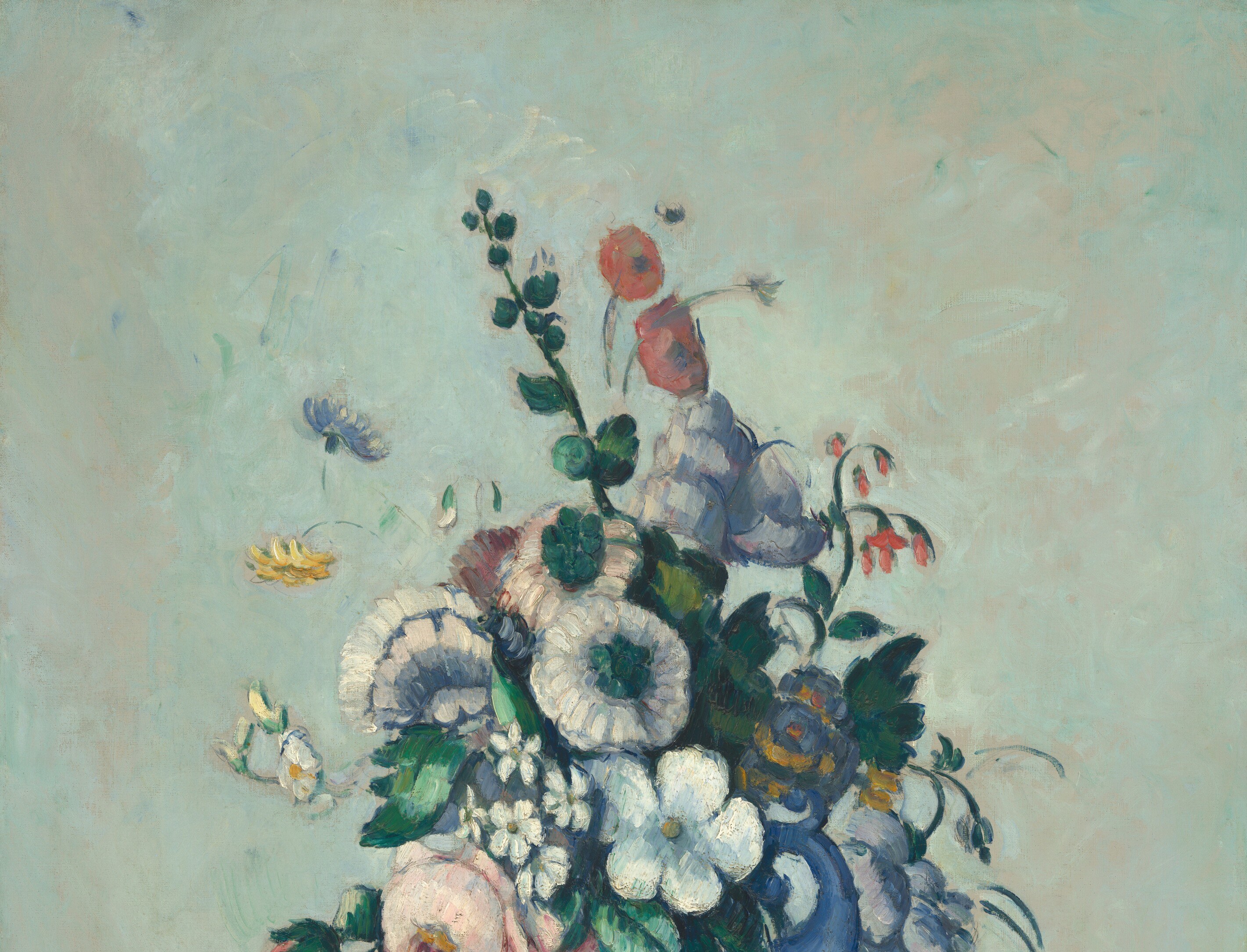 Barely differentiated from top to bottom, this neutral field is a deliberate foil; it isolates color relationships in the bouquet and prefigures the uninflected grounds of Cézanne's mature work.