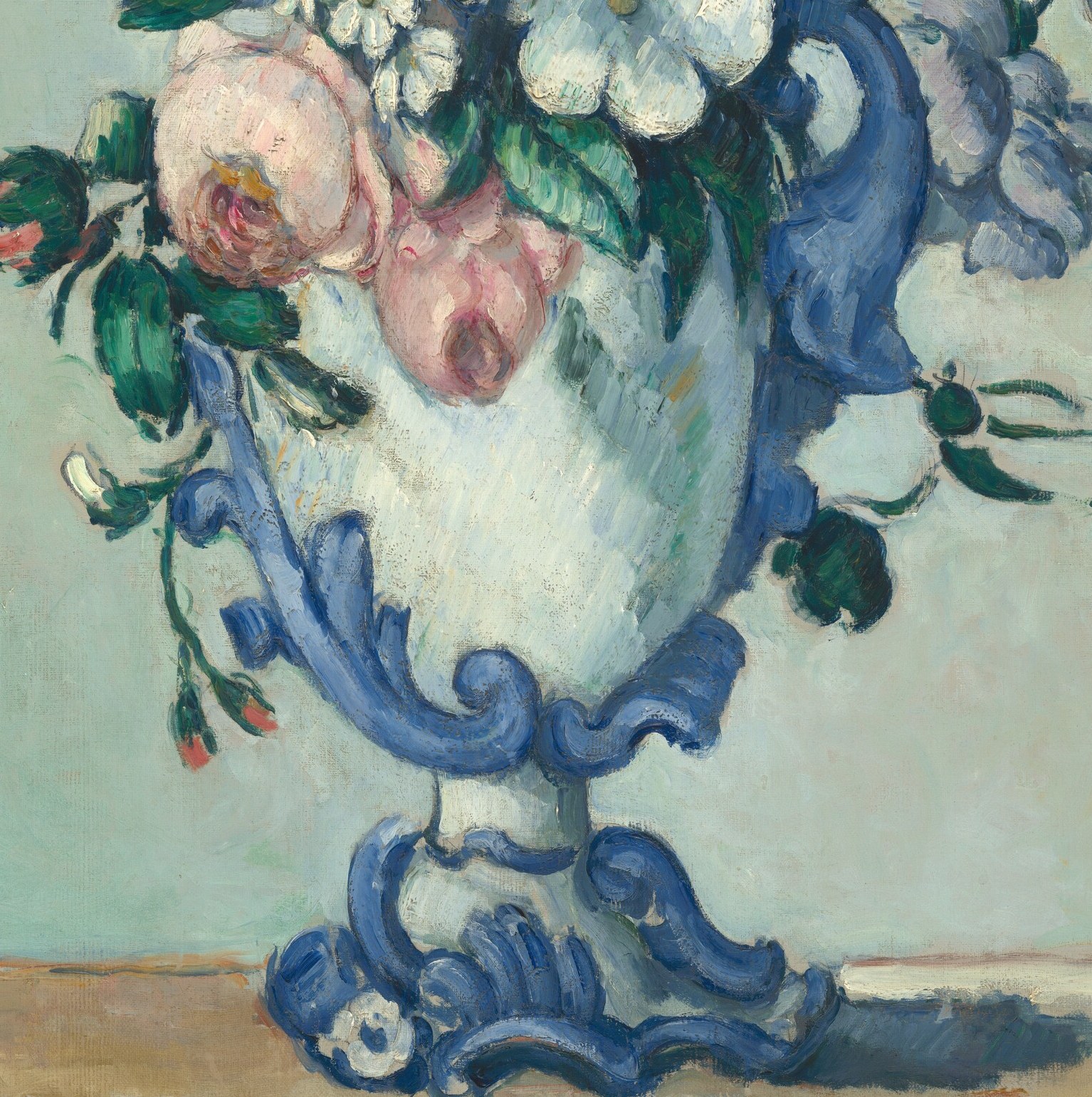 The ornate porcelain vessel gives the painting its title and creates a tension between aristocratic artifice and Cézanne's loose, un-precious handling of paint.