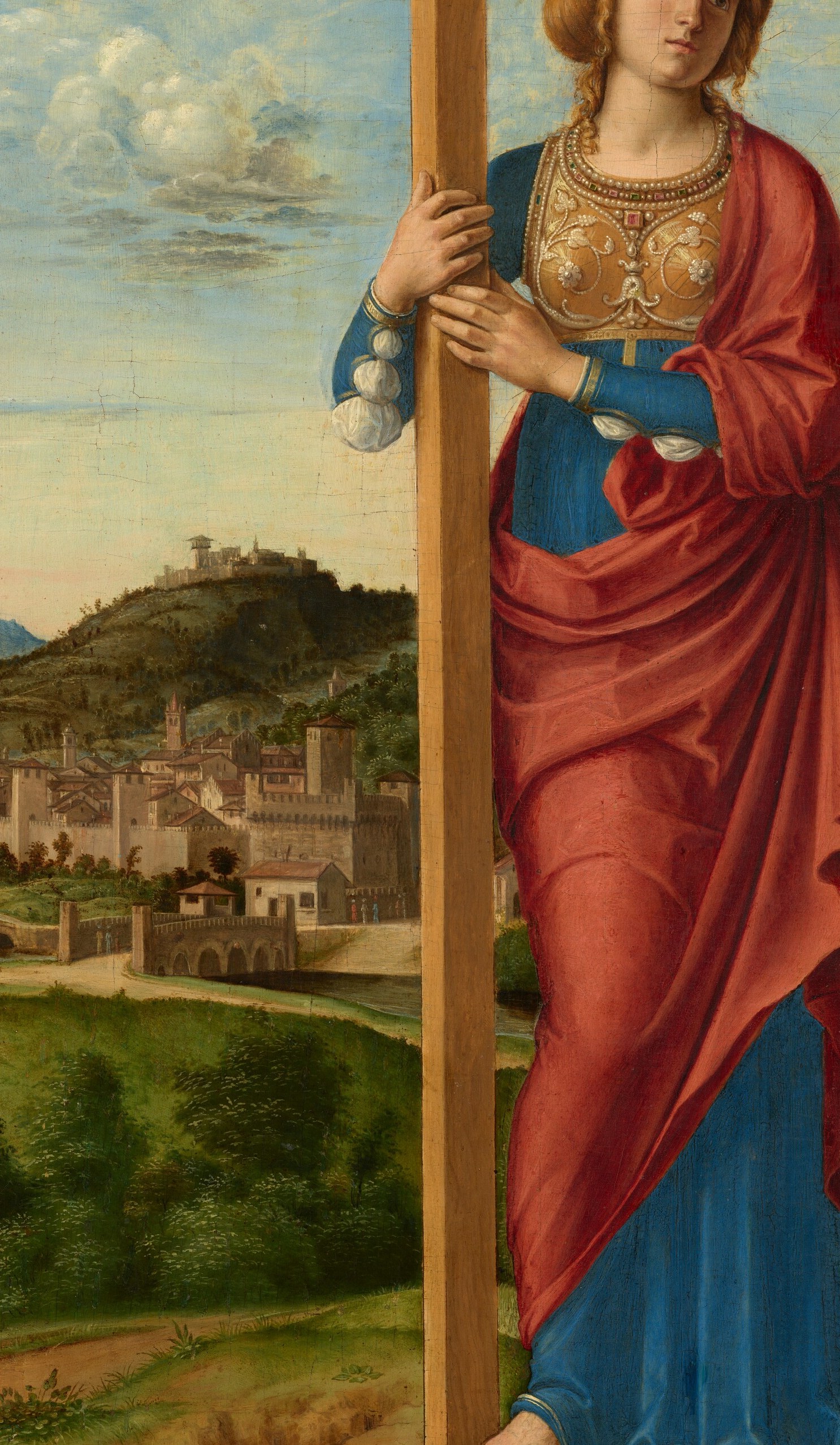 Virtuoso drapery modelling in deep crimson; layered shadow and highlight define three-dimensional volume in the Venetian manner