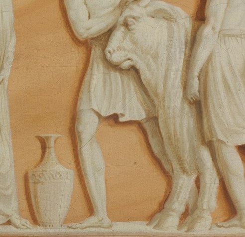 On the right, a man guides a bull for sacrifice.