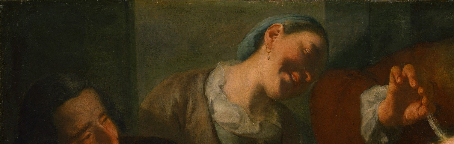 Traversi's compressed tenebrism forces all figures into a single lit foreground plane; the undifferentiated darkness creates intimacy and stops the eye from escaping the scene
